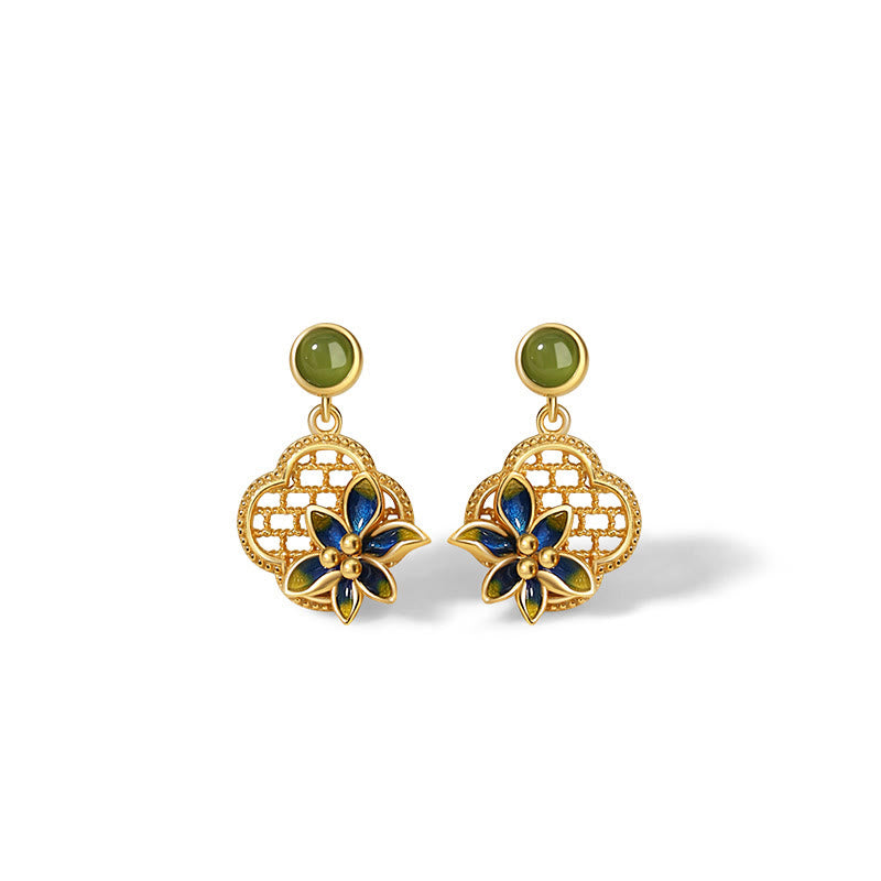 Buddha Stones 925スターリングシルバー 四つ葉のクローバーフラワー 和田シアン翡翠パール ヒーリングネックレス ペンダント ブレスレット イヤリングセット