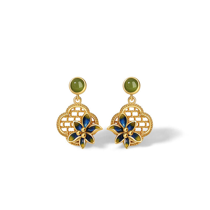 Buddha Stones 925スターリングシルバー 四つ葉のクローバーフラワー 和田シアン翡翠パール ヒーリングネックレス ペンダント ブレスレット イヤリングセット