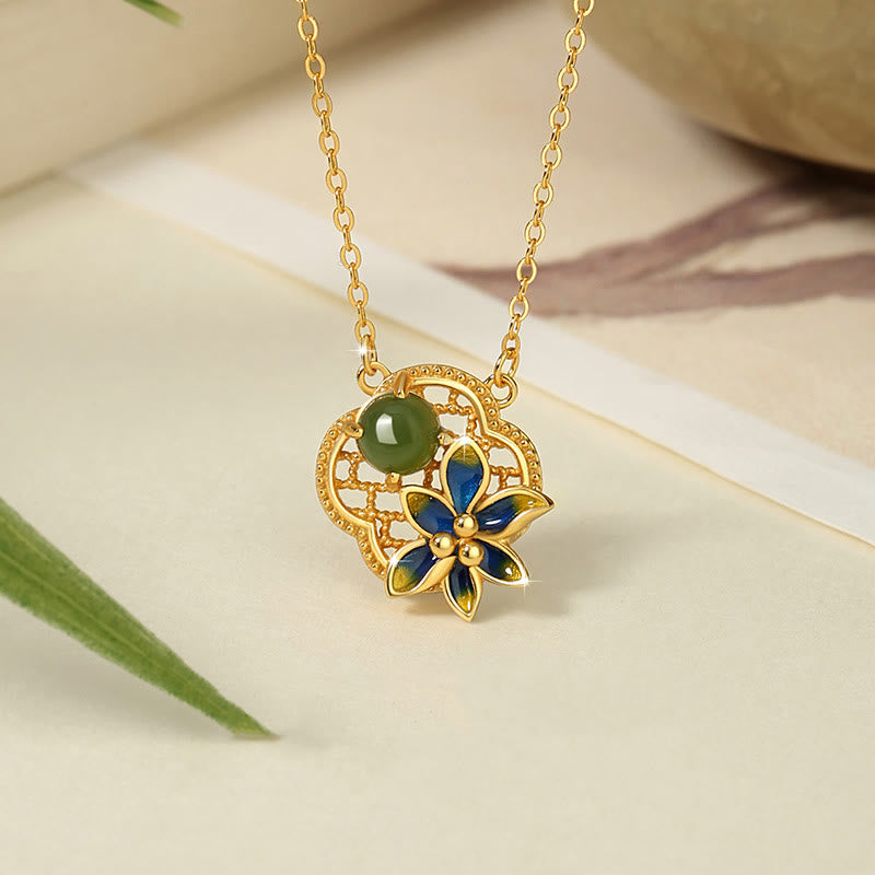 Buddha Stones 925スターリングシルバー 四つ葉のクローバーフラワー 和田シアン翡翠パール ヒーリングネックレス ペンダント ブレスレット イヤリングセット
