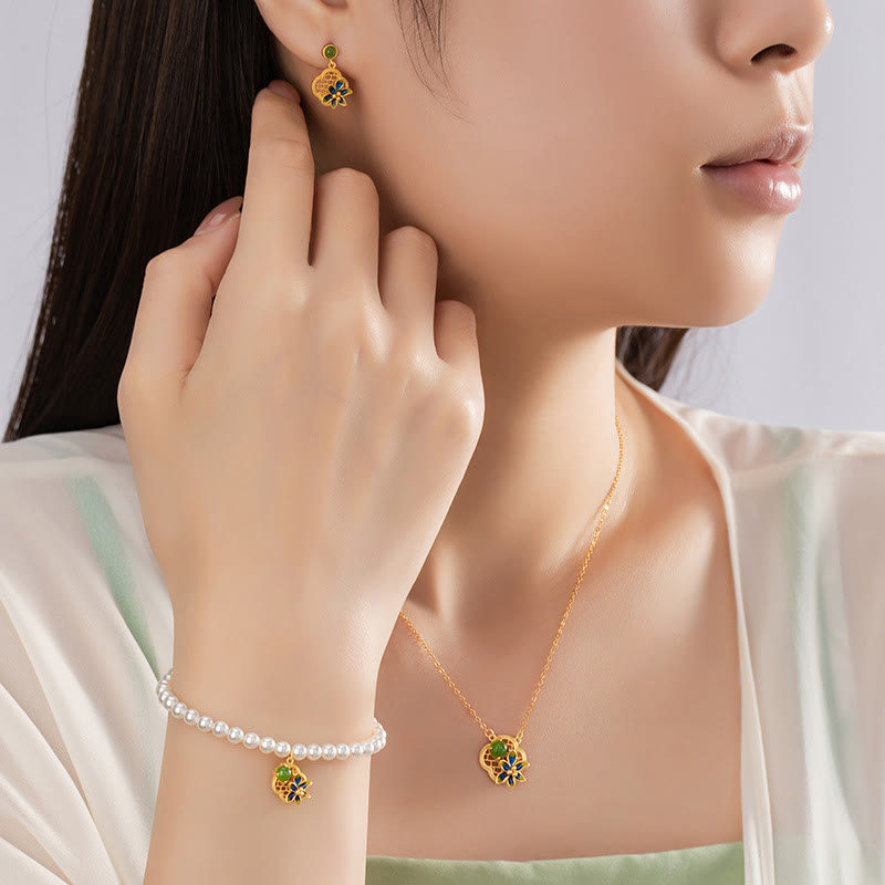 Buddha Stones 925スターリングシルバー 四つ葉のクローバーフラワー 和田シアン翡翠パール ヒーリングネックレス ペンダント ブレスレット イヤリングセット