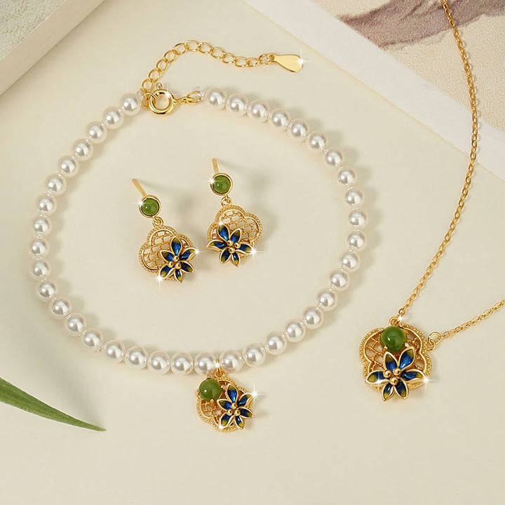 Buddha Stones 925スターリングシルバー 四つ葉のクローバーフラワー 和田シアン翡翠パール ヒーリングネックレス ペンダント ブレスレット イヤリングセット