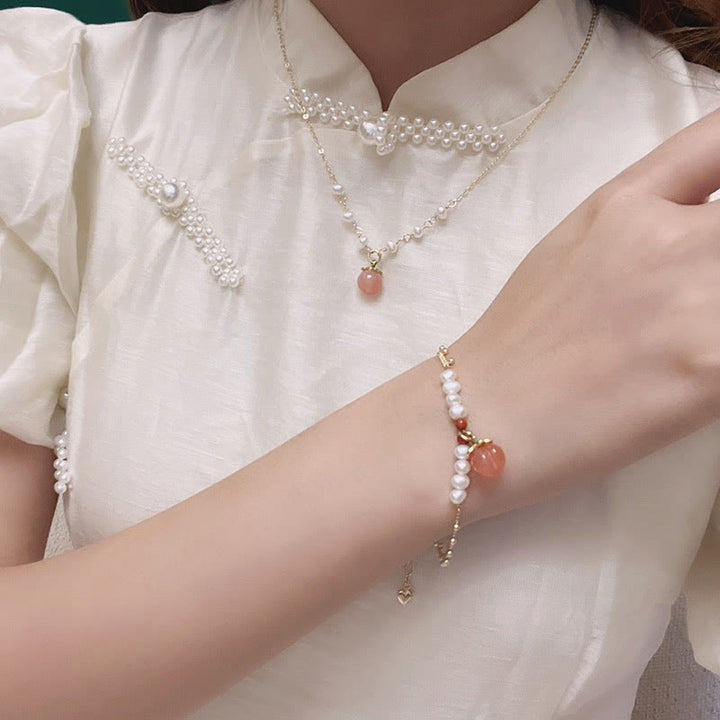 Buddha Stones金メッキ銅 天然瑪瑙真珠 正ネックレス ペンダント ブレスレット イヤリングセット