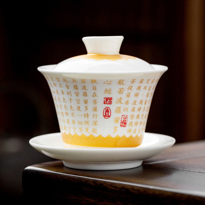 Buddha Stones仏教の般若心経 小傅字 陶器 蓋付き蓋碗 カンフーティーカップ＆ソーサー