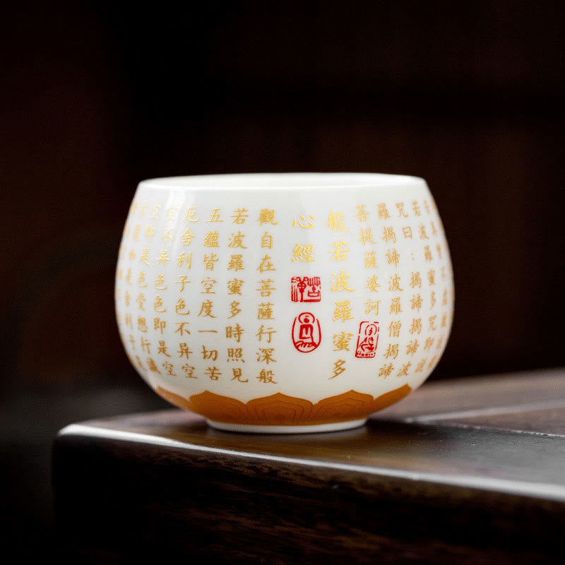 Buddha Stones仏教の般若心経 小傅字 陶器 蓋付き蓋碗 カンフーティーカップ＆ソーサー