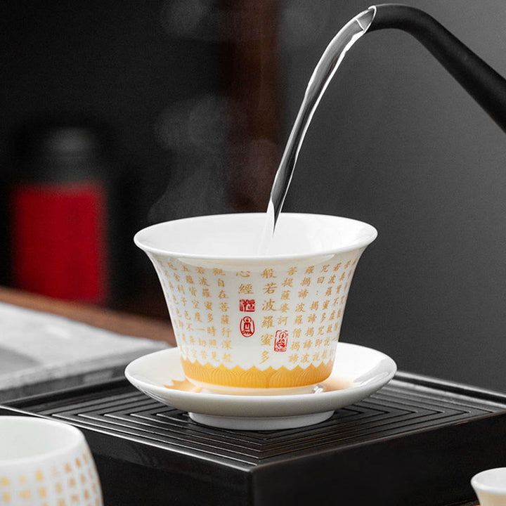 Buddha Stones仏教の般若心経 小傅字 陶器 蓋付き蓋碗 カンフーティーカップ＆ソーサー