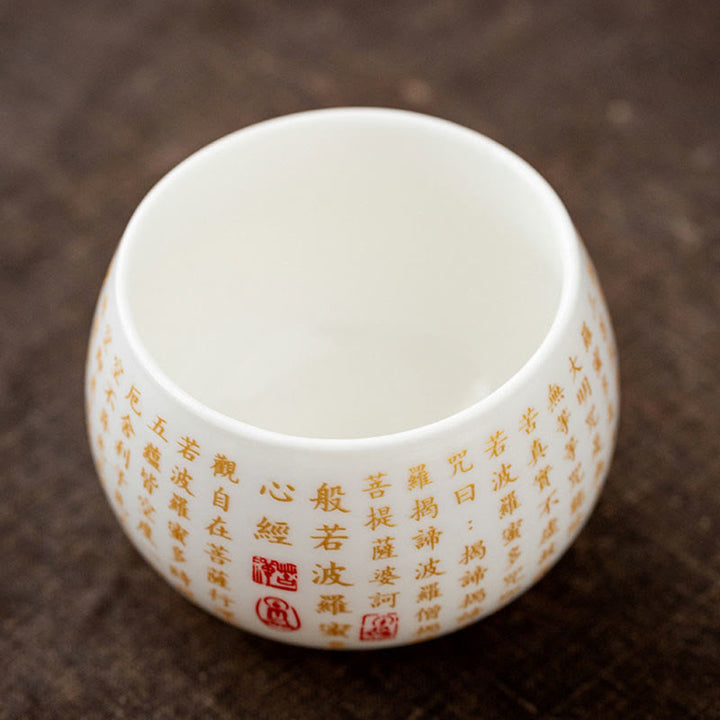 Buddha Stones仏教の般若心経 小傅字 陶器 蓋付き蓋碗 カンフーティーカップ＆ソーサー