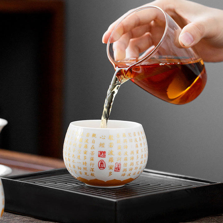 Buddha Stones仏教の般若心経 小傅字 陶器 蓋付き蓋碗 カンフーティーカップ＆ソーサー