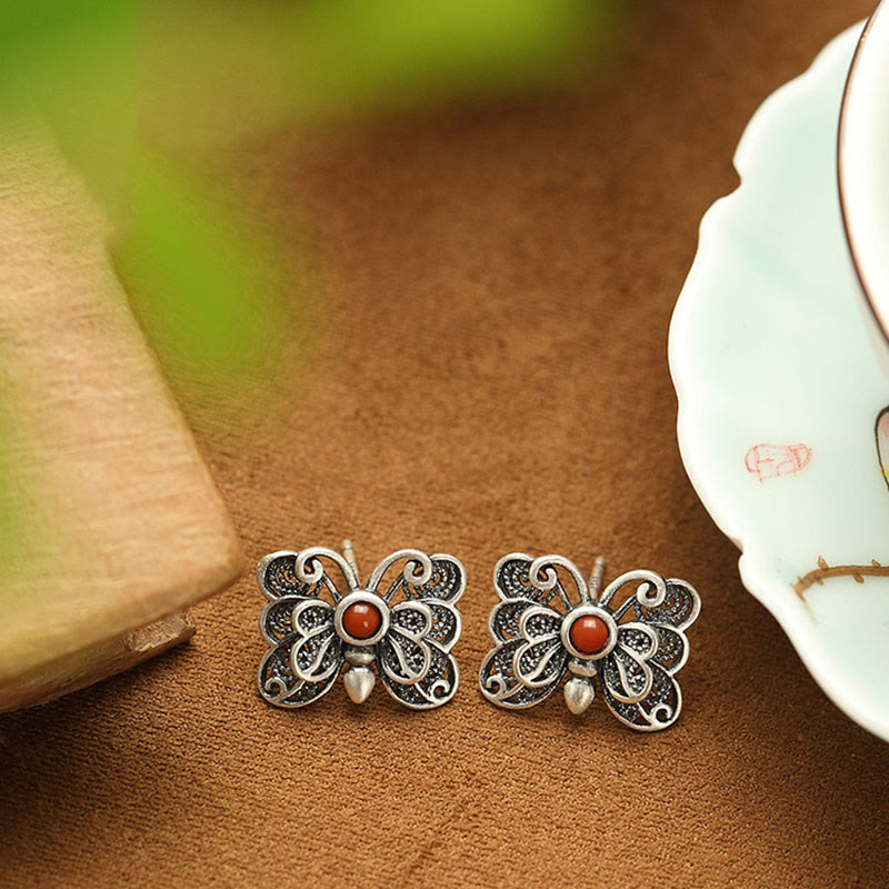 Buddha Stones 925スターリングシルバー レッドアゲート バタフライ 自己受容リング イヤリングセット