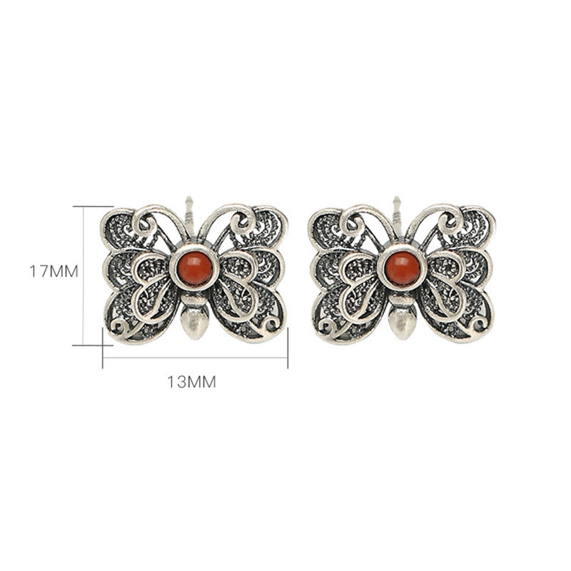 Buddha Stones 925スターリングシルバー レッドアゲート バタフライ 自己受容リング イヤリングセット