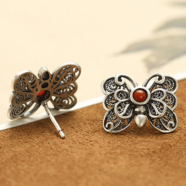 Buddha Stones 925スターリングシルバー レッドアゲート バタフライ 自己受容リング イヤリングセット