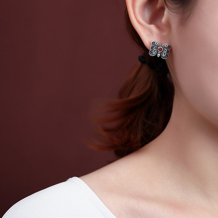 Buddha Stones 925スターリングシルバー レッドアゲート バタフライ 自己受容リング イヤリングセット