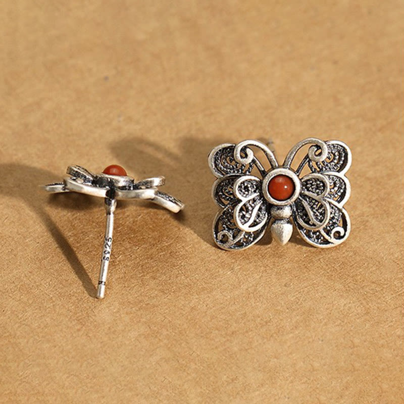 Buddha Stones 925スターリングシルバー レッドアゲート バタフライ 自己受容リング イヤリングセット