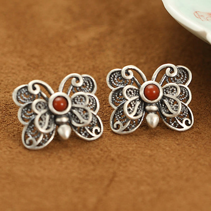 Buddha Stones 925スターリングシルバー レッドアゲート バタフライ 自己受容リング イヤリングセット