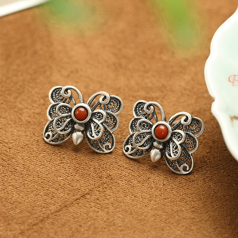 Buddha Stones 925スターリングシルバー レッドアゲート バタフライ 自己受容リング イヤリングセット