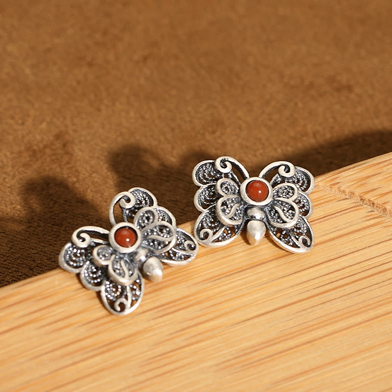 Buddha Stones 925スターリングシルバー レッドアゲート バタフライ 自己受容リング イヤリングセット