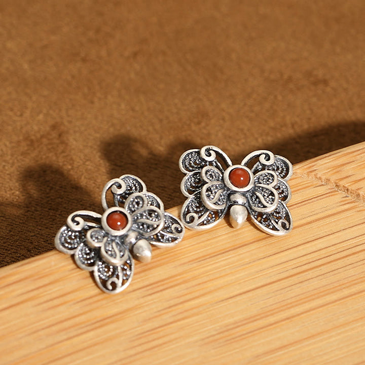 Buddha Stones 925スターリングシルバー レッドアゲート バタフライ 自己受容リング イヤリングセット