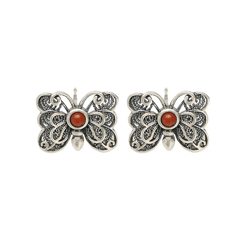 Buddha Stones 925スターリングシルバー レッドアゲート バタフライ 自己受容リング イヤリングセット