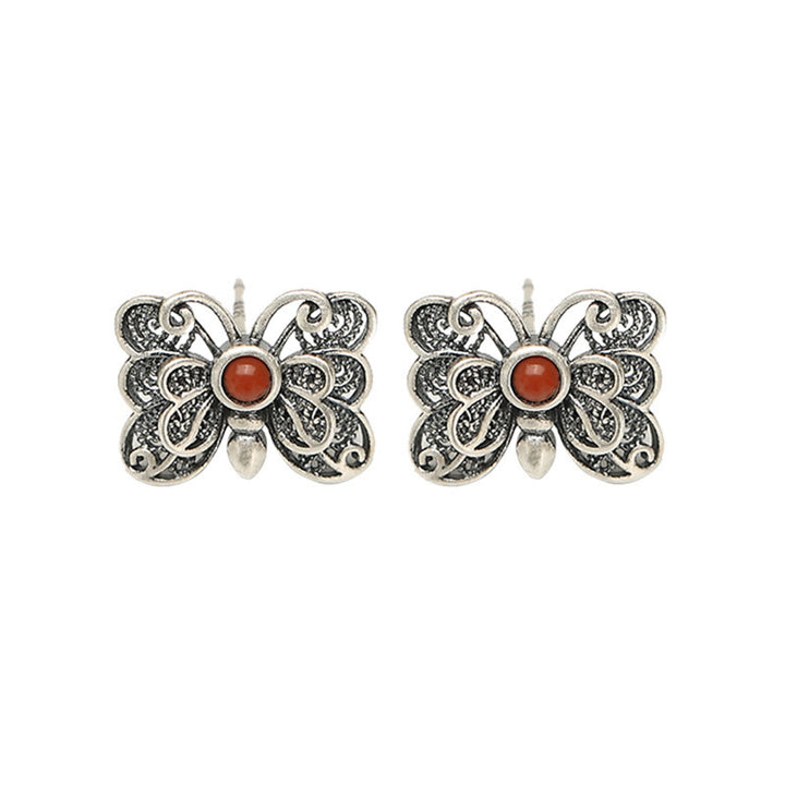 Buddha Stones 925スターリングシルバー レッドアゲート バタフライ 自己受容リング イヤリングセット
