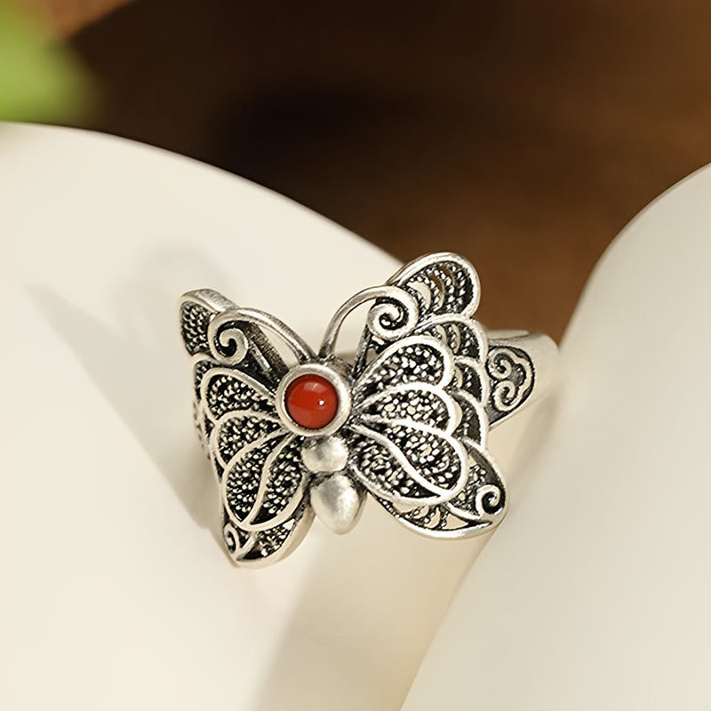Buddha Stones 925スターリングシルバー レッドアゲート バタフライ 自己受容リング イヤリングセット