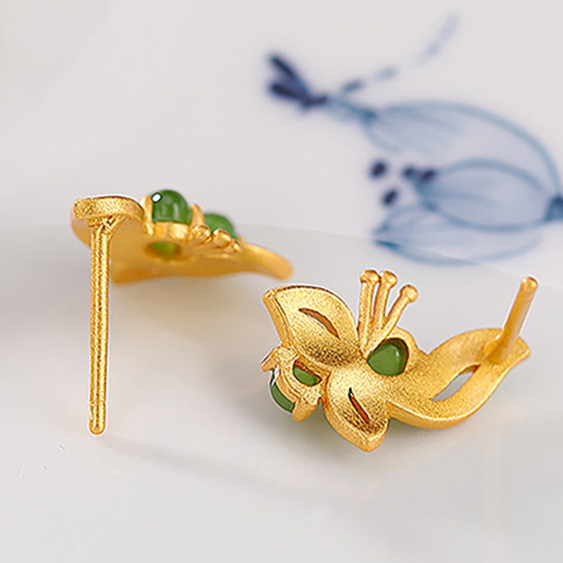 Buddha Stones925スターリングシルバー ゴールドメッキ 天然シアン翡翠 バタフライ 幸運 ヒーリング イヤリング - image 4