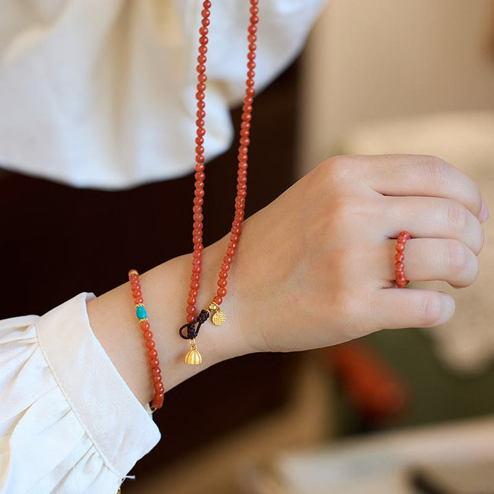 Buddha Stones 925スターリングシルバーメッキゴールド天然レッドアゲートターコイズコンフィデンスブレスレットネックレスペンダントリングセット