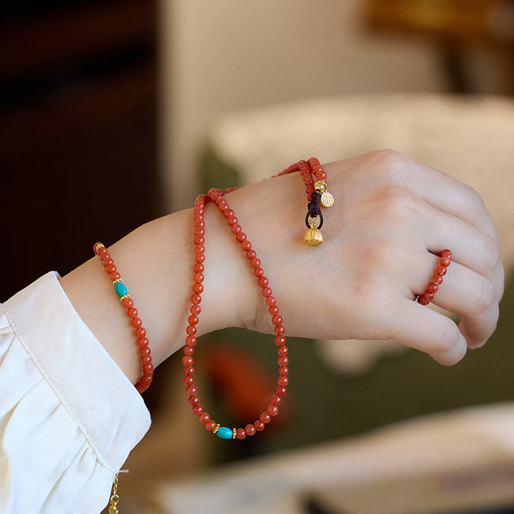 Buddha Stones 925スターリングシルバーメッキゴールド天然レッドアゲートターコイズコンフィデンスブレスレットネックレスペンダントリングセット