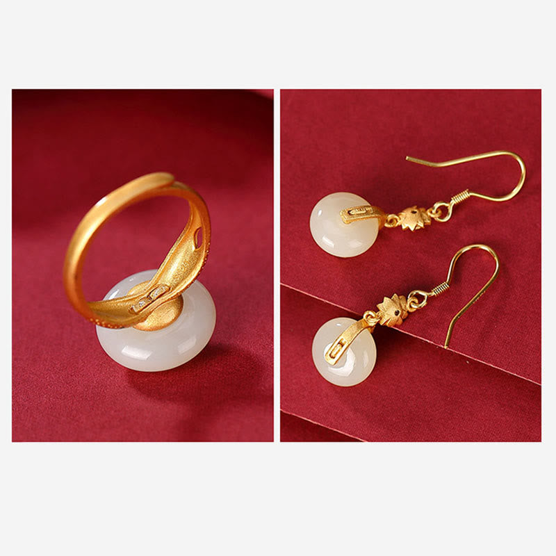 Buddha Stones925 スターリングシルバー ゴールドメッキ 和田翡翠 蓮華 幸運 リング イヤリング セット