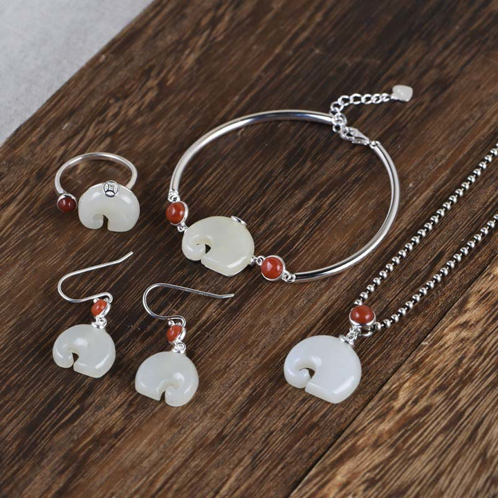 Buddha Stones 925スターリングシルバー 象 和田翡翠 豊穣 ネックレス ペンダント ブレスレット リング イヤリング セット