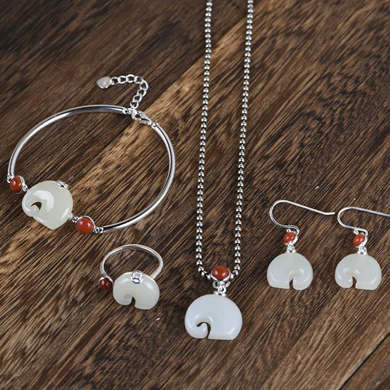 Buddha Stones 925スターリングシルバー 象 和田翡翠 豊穣 ネックレス ペンダント ブレスレット リング イヤリング セット