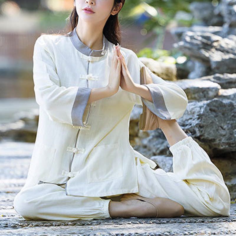 Buddha Stones 2点 カエルボタン 長袖シャツ トップパンツ 瞑想 禅 太極拳 コットンリネン 衣類 レディース セット - image 1