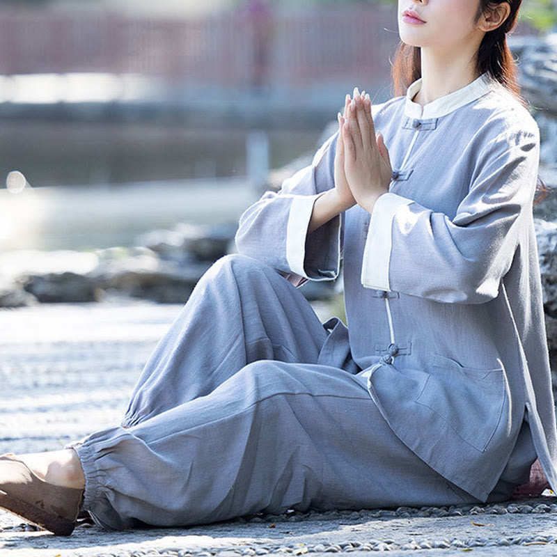 Buddha Stones 2点 カエルボタン 長袖シャツ トップパンツ 瞑想 禅 太極拳 コットンリネン 衣類 レディース セット - image 7