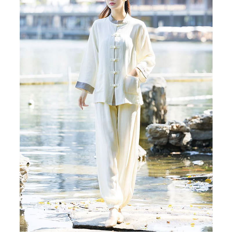 Buddha Stones 2点 カエルボタン 長袖シャツ トップパンツ 瞑想 禅 太極拳 コットンリネン 衣類 レディース セット - image 4