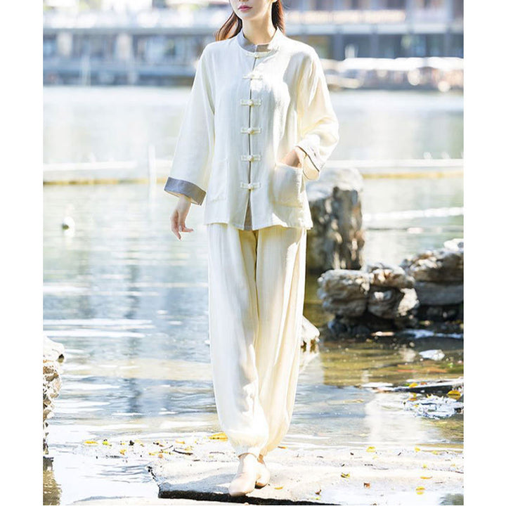 Buddha Stones 2点 カエルボタン 長袖シャツ トップパンツ 瞑想 禅 太極拳 コットンリネン 衣類 レディース セット - image 4