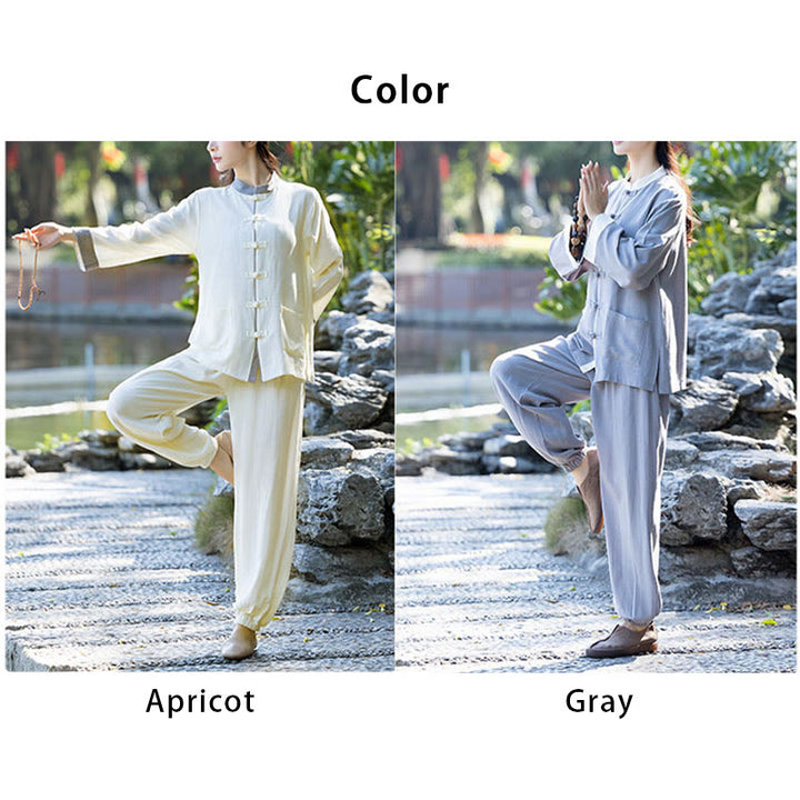 Buddha Stones 2点 カエルボタン 長袖シャツ トップパンツ 瞑想 禅 太極拳 コットンリネン 衣類 レディース セット - image 13