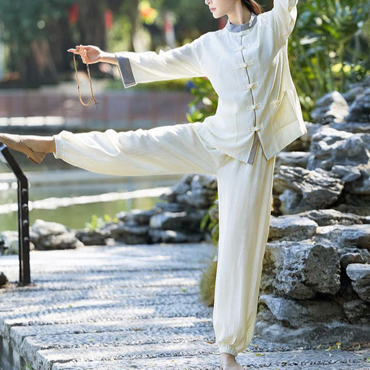 Buddha Stones 2点 カエルボタン 長袖シャツ トップパンツ 瞑想 禅 太極拳 コットンリネン 衣類 レディース セット - image 3