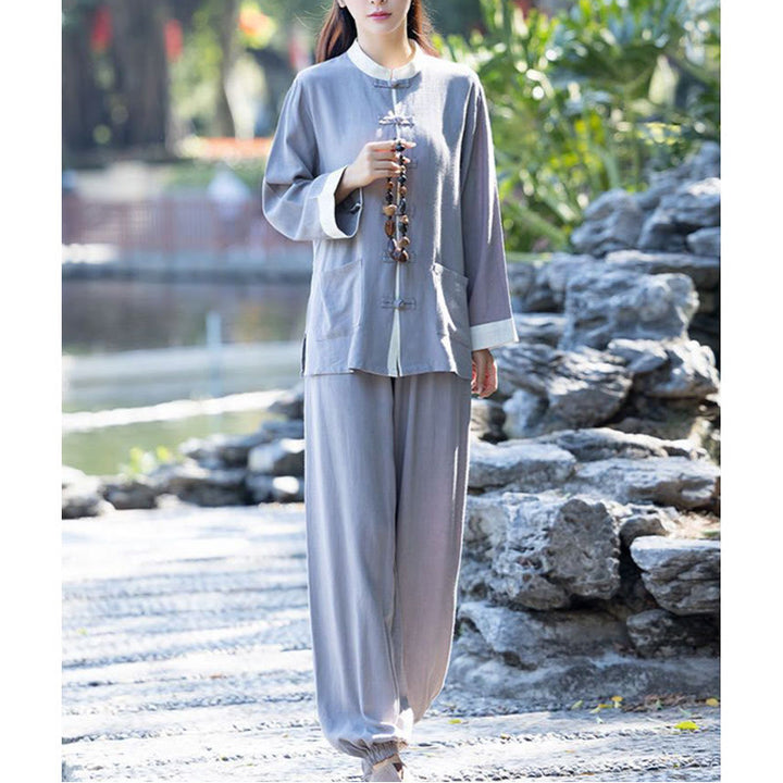Buddha Stones 2点 カエルボタン 長袖シャツ トップパンツ 瞑想 禅 太極拳 コットンリネン 衣類 レディース セット - image 8