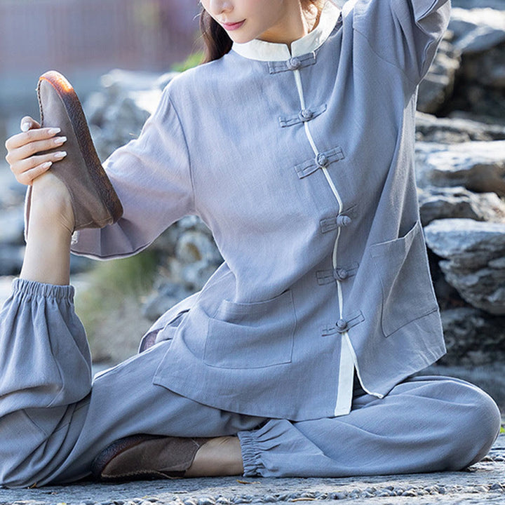 Buddha Stones 2点 カエルボタン 長袖シャツ トップパンツ 瞑想 禅 太極拳 コットンリネン 衣類 レディース セット - image 6