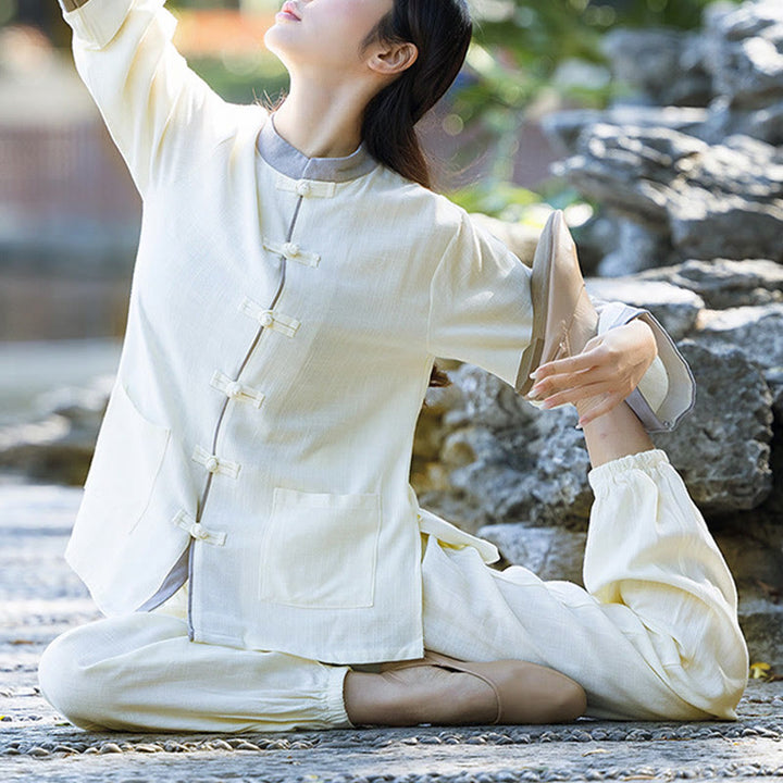 Buddha Stones 2点 カエルボタン 長袖シャツ トップパンツ 瞑想 禅 太極拳 コットンリネン 衣類 レディース セット - image 2
