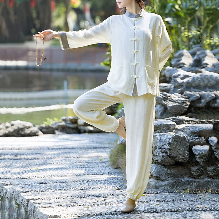 Buddha Stones 2点 カエルボタン 長袖シャツ トップパンツ 瞑想 禅 太極拳 コットンリネン 衣類 レディース セット - ベージュ(トップス&パンツ) - US8-10，UK/AU12-14，EU40-42 (2XL) - image 0