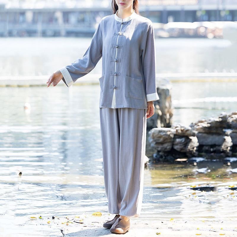 Buddha Stones 2点 カエルボタン 長袖シャツ トップパンツ 瞑想 禅 太極拳 コットンリネン 衣類 レディース セット - グレー(トップス&パンツ) - US8-10，UK/AU12-14，EU40-42 (2XL) - image 5