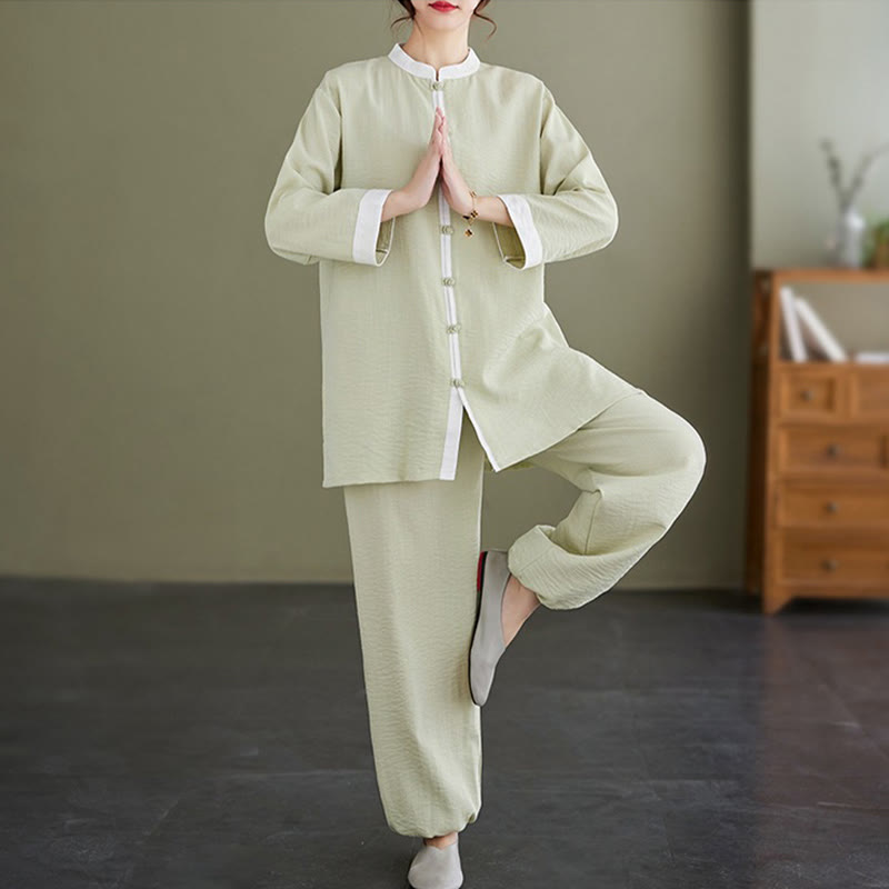Buddha Stones 2点セット ヴィンテージ 長袖シャツ トップパンツ 瞑想 禅 太極拳 コットンリネン 衣類 レディース セット