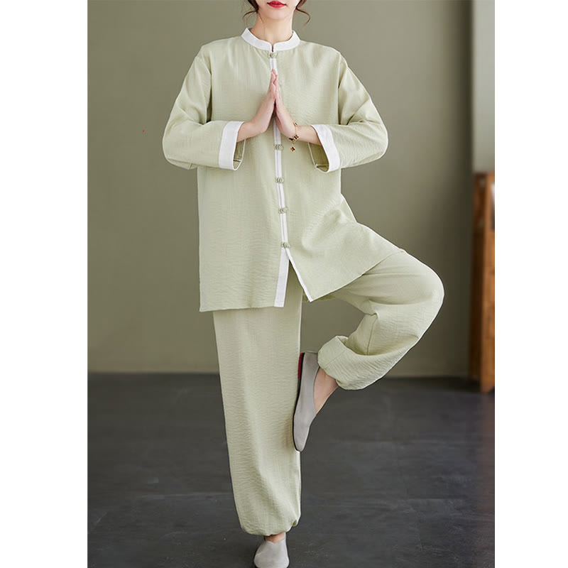 Buddha Stones 2点セット ヴィンテージ 長袖シャツ トップパンツ 瞑想 禅 太極拳 コットンリネン 衣類 レディース セット