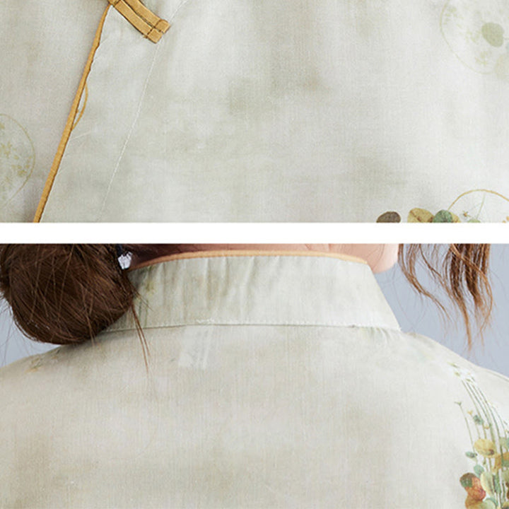 Buddha Stones、花、緑、黄色の葉のプリントのチャイナドレス（ミディ丈）七分袖、ポケット付き - image 8