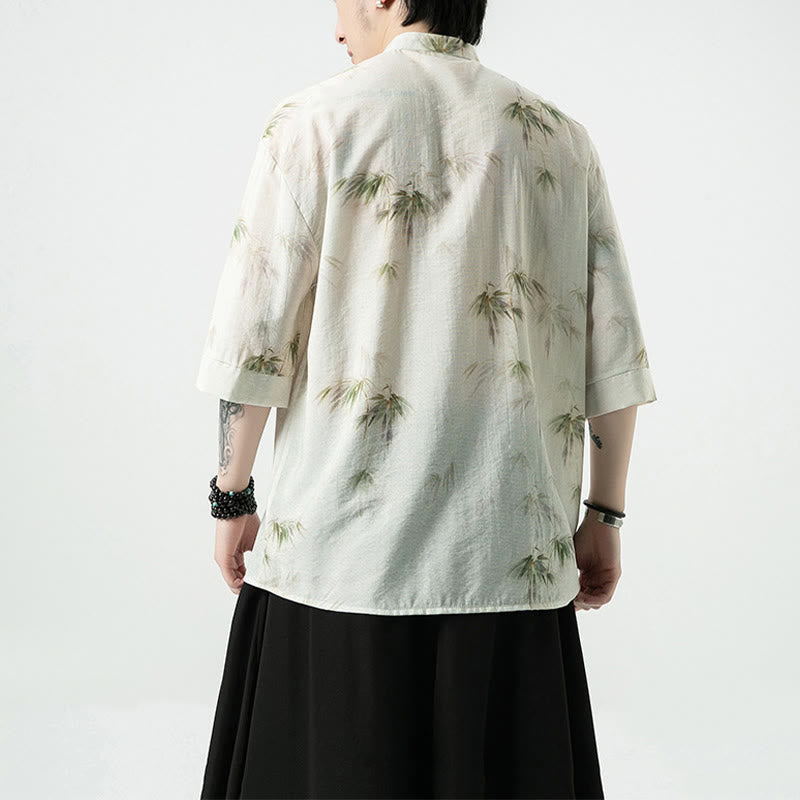 Buddha Stones緑 黄 竹の葉 プリント 半袖シャツ メンズ Tシャツ - image 2