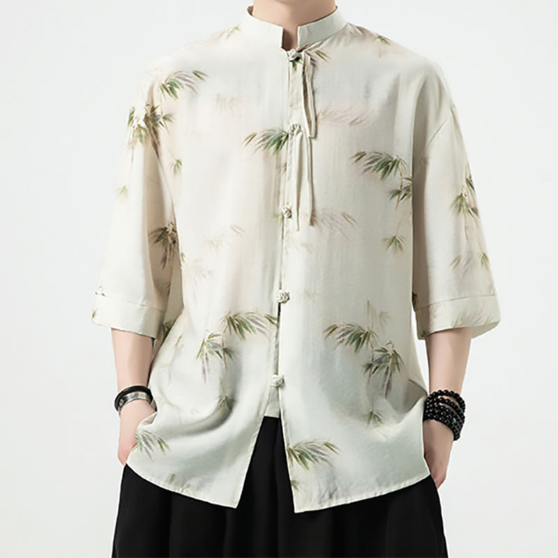Buddha Stones緑 黄 竹の葉 プリント 半袖シャツ メンズ Tシャツ - image 6