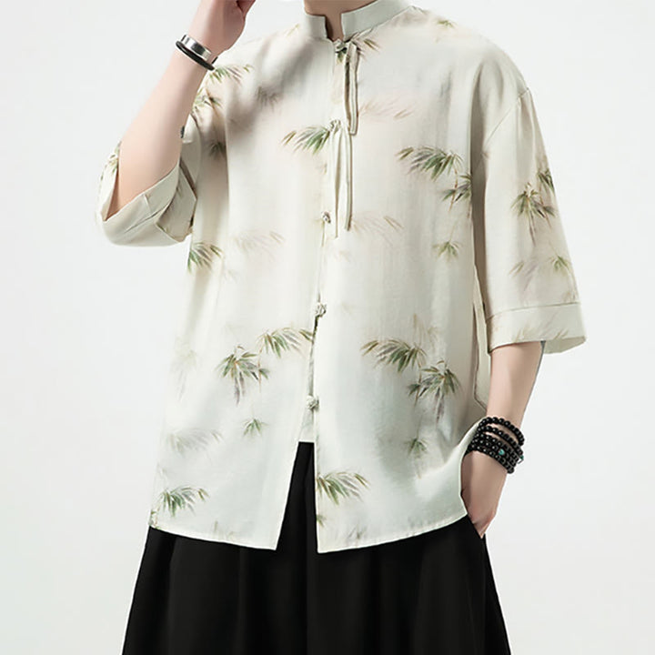 Buddha Stones緑 黄 竹の葉 プリント 半袖シャツ メンズ Tシャツ - image 1
