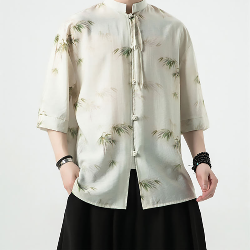 Buddha Stones緑 黄 竹の葉 プリント 半袖シャツ メンズ Tシャツ - image 4