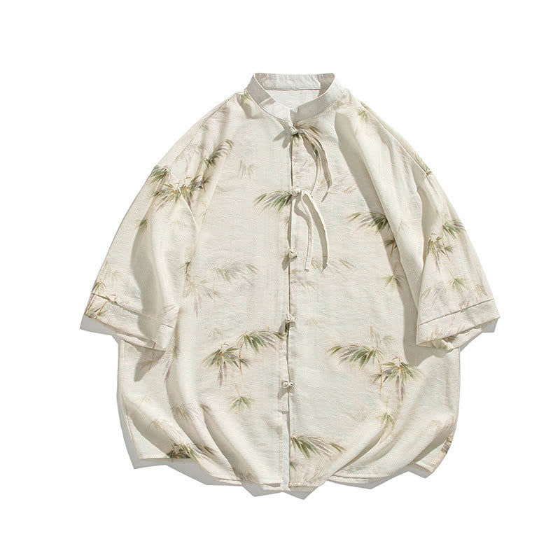 Buddha Stones緑 黄 竹の葉 プリント 半袖シャツ メンズ Tシャツ - image 14