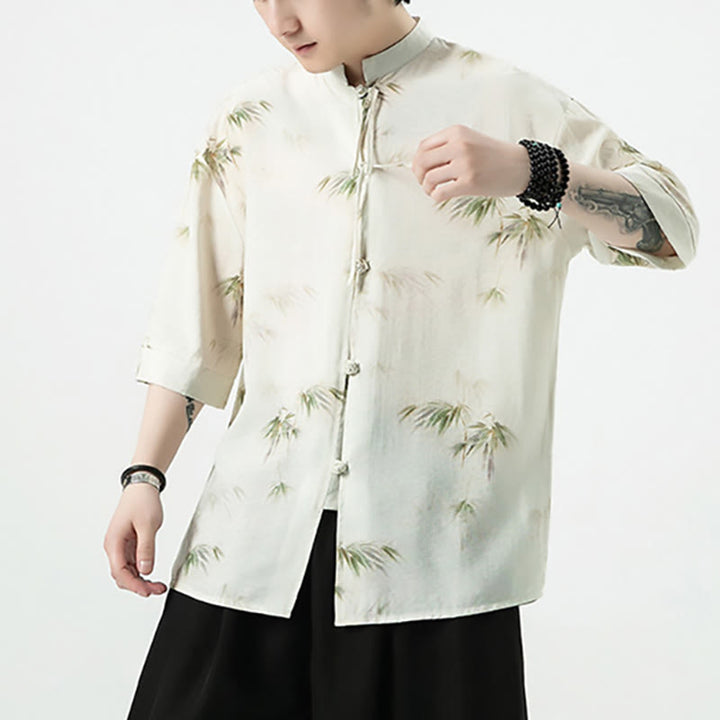 Buddha Stones緑 黄 竹の葉 プリント 半袖シャツ メンズ Tシャツ - image 7