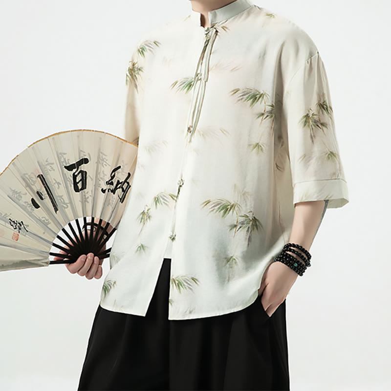 Buddha Stones緑 黄 竹の葉 プリント 半袖シャツ メンズ Tシャツ - image 3